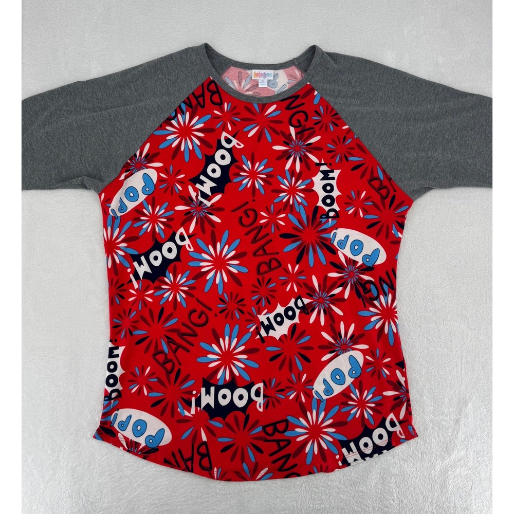 LuLaRoe 4th of July Baseball Tee XL Red Comic Pop Boom Raglan 3/4 Sleeve Shirt - Picture 1 of 6